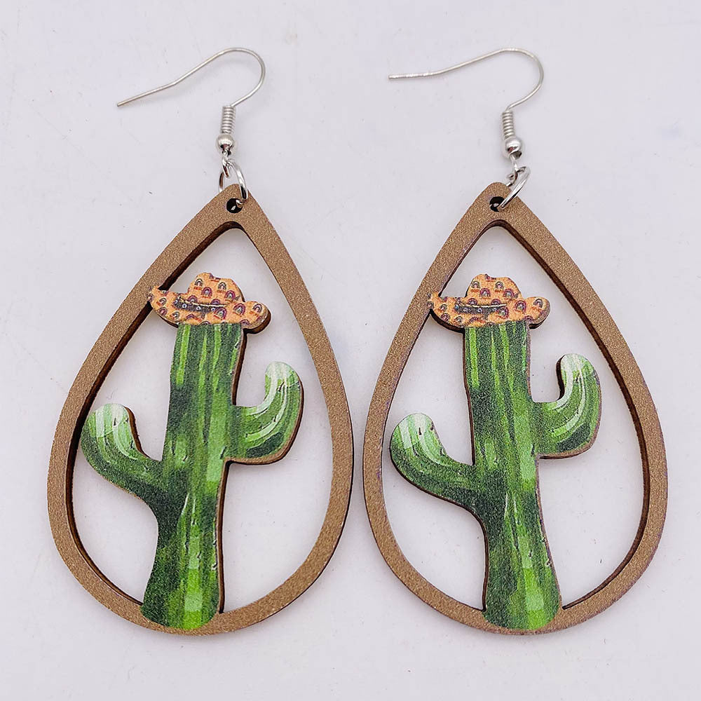 Pendientes de estampado de champiñones alces de cactus de madera de cactus de madera.